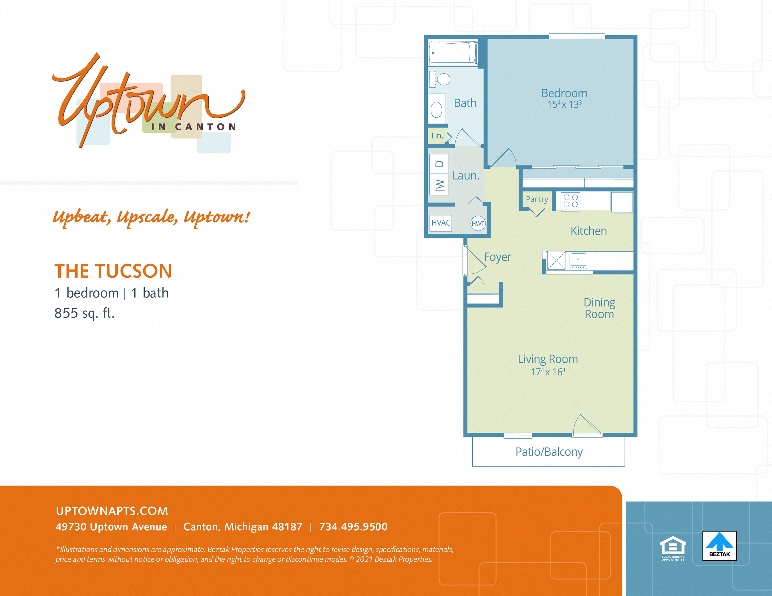 Floor plan for 1 bed, 1 bath, 855 sqft